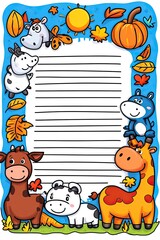Fototapeta premium Cute cartoon animals border with fall leaves and pumpkins on a blue background with lined writing paper in the center for notes, letters, or journals.