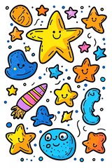 Cute cartoon doodle stars, planets, and a spaceship with happy faces on a white background.
