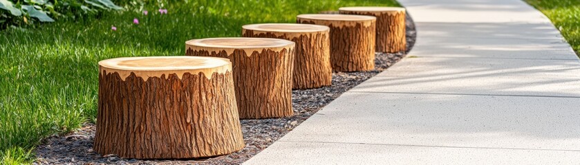 Fototapeta premium Wooden stumps lined along a pathway in a green landscape.