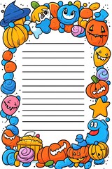 Fototapeta premium Halloween themed lined paper with pumpkins, ghosts, and candy.