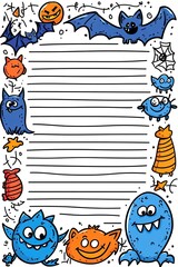 Halloween themed lined paper with cute monsters.