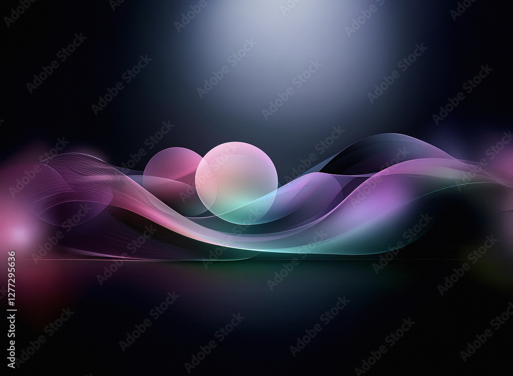 Poster abstract background featuring luminous spheres and flowing ribbons of vibrant colors, creating a dyn