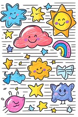 Hand-drawn doodle set of stars, sun, clouds, and rainbows with cute faces and striped background.
