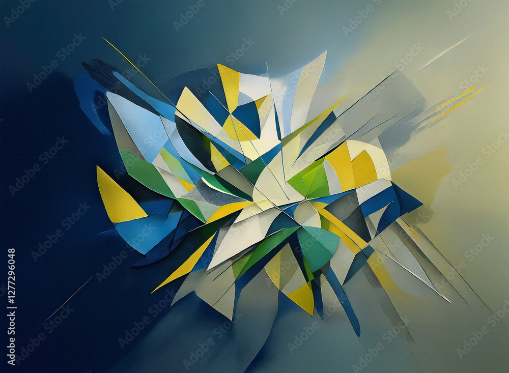 Poster abstract geometric artwork featuring sharp, angular shapes and a burst of vibrant colors. the compos