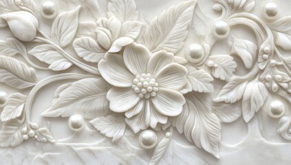 Ornate white floral bas-relief panel with pearls