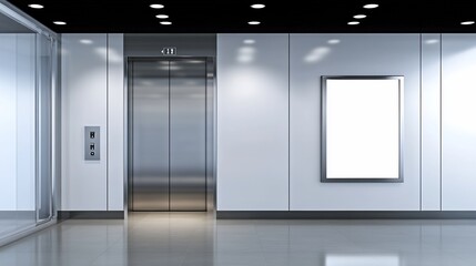 Modern elevator lobby with blank signage.