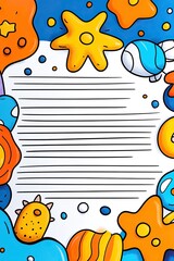 White lined paper framed by vibrant orange, blue, and yellow doodle shapes and dots.