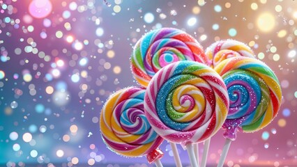 Rainbow lollipops with abstract bokeh background; delicious sweet candy 