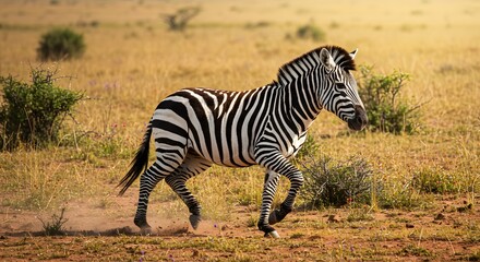 Obraz premium Zebra Running in African Savanna Landscape on Sunny Day