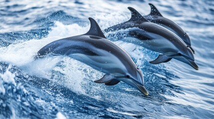 Fototapeta premium Three Dolphins Leap Through Ocean Waves