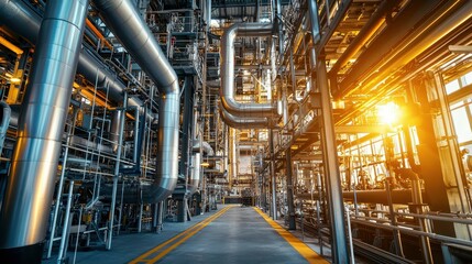 Modern Industrial Facility with Steel Pipes and Bright Lighting