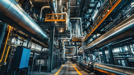Fototapeta premium Industrial Pipeline System with Metallic Structure and Bright Lighting