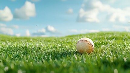Baseball resting on lush green grass under a blue sky
