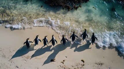 King Penguins March On Sandy Beach Towards Ocean