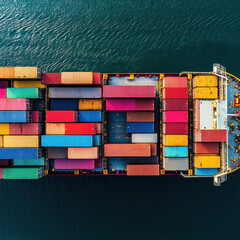 Fototapeta premium Cargo ship transporting colorful containers over ocean waters aerial view maritime industry transportation concept