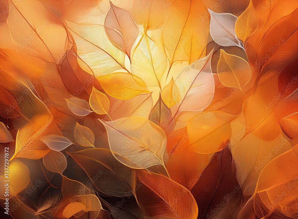 Poster abstract background with translucent autumn leaves in warm orange and yellow tones. soft light filte
