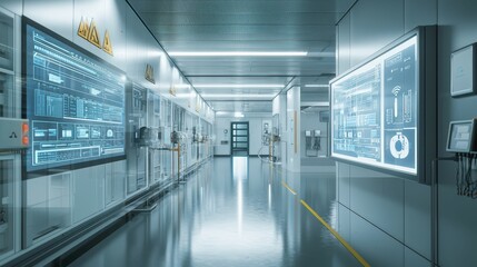 Fototapeta premium Modern Industrial Control Room with Digital Screens and Safety Signs