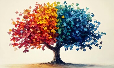 Vibrant tree composed of puzzle pieces representing neurodiversity and celebrating world autism awareness day