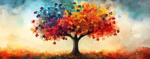Vibrant tree with puzzle-piece leaves symbolizing autism awareness and neurodiversity