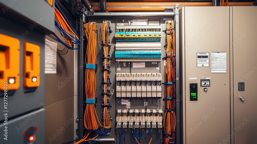 Poster electrical control panel with color-coded wiring and components