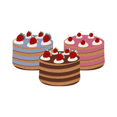 Flat style illustration of layered cakes with different frostings, topped with strawberries and cherries, perfect for bakery branding, dessert menus, food packaging, and sweet-themed designs.