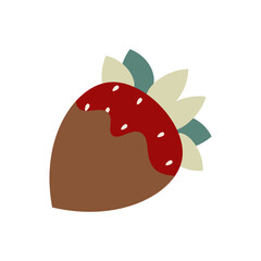 Flat style illustration of a chocolate-covered strawberry with a glossy red topping, perfect for dessert branding, confectionery packaging, sweet-themed designs, and bakery decorations.