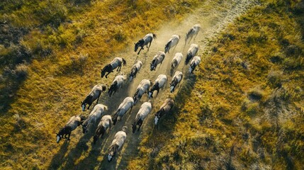 Aerial View of a Herd of Horses Running Across a Field