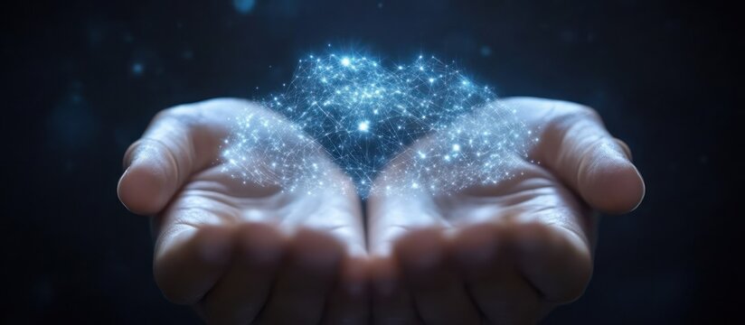 Glowing data in hands, dark background