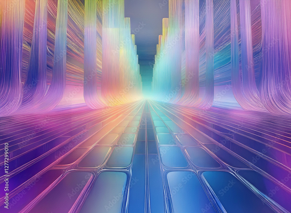 Poster abstract background featuring rainbow hues forming perspective lines and depth. a colorful gradient 
