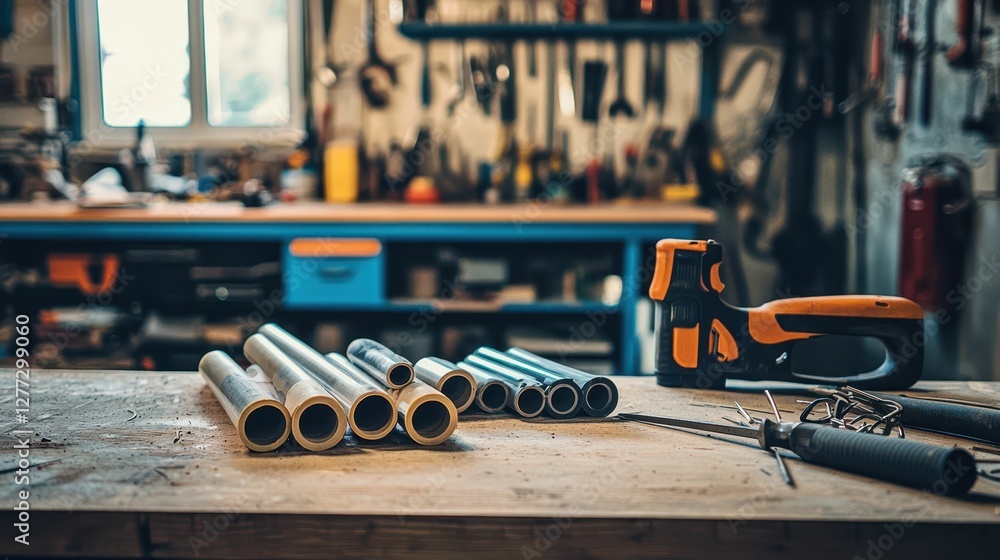 Poster tools and pipes on wooden table in workshop with soft lighting