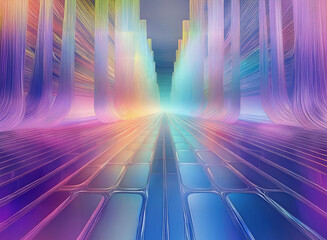 Abstract background featuring rainbow hues forming perspective lines and depth. A colorful gradient backdrop creates a vibrant and dynamic visual.