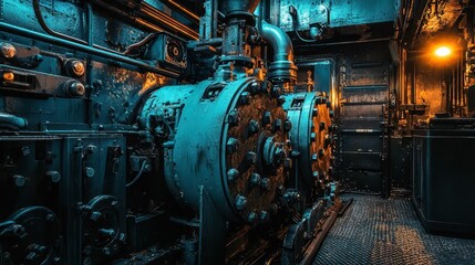 Obraz premium Industrial Machinery in Dimly Lit Engine Room with Blue Lighting