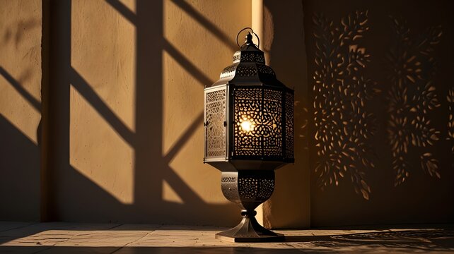 A beautifully decorated Islamic lantern casting soft shadows on the wall