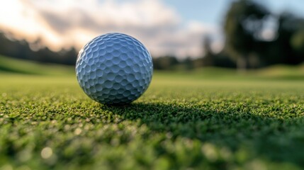 Obraz premium Golf ball on green at sunset