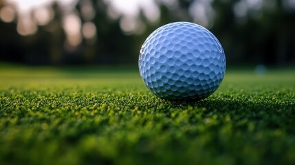 Obraz premium Golf ball on green grass at sunset. Possible use Stock photo for golf courses, sport, leisure, or nature
