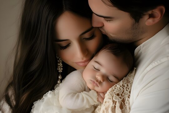 Close-Up of Parents Embracing Their Sleeping Baby - AI Generated