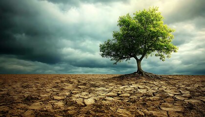 Lone tree, dry land, storm clouds