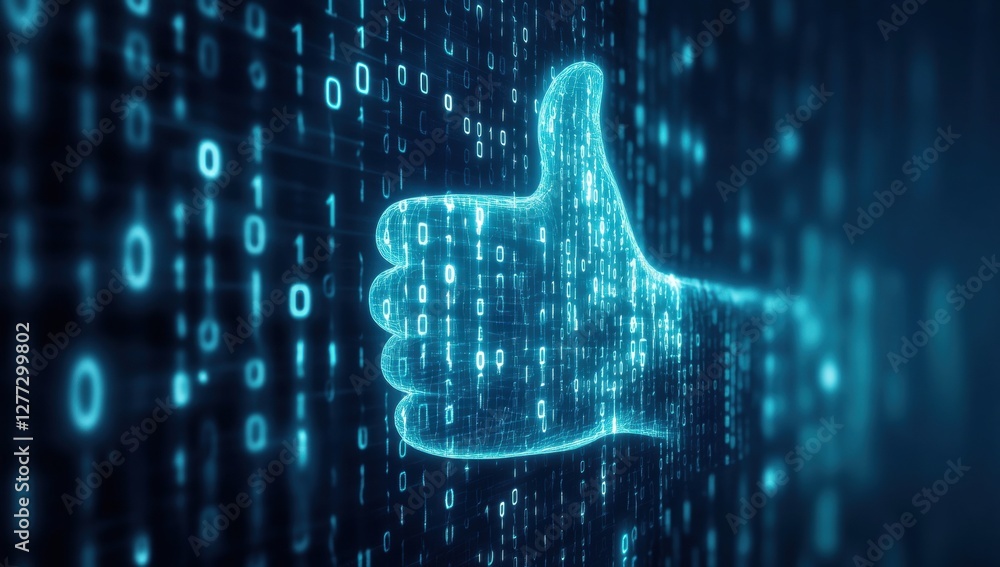 Poster a digital thumbs-up icon on a dark blue background with digital code lines and binary numbers in the