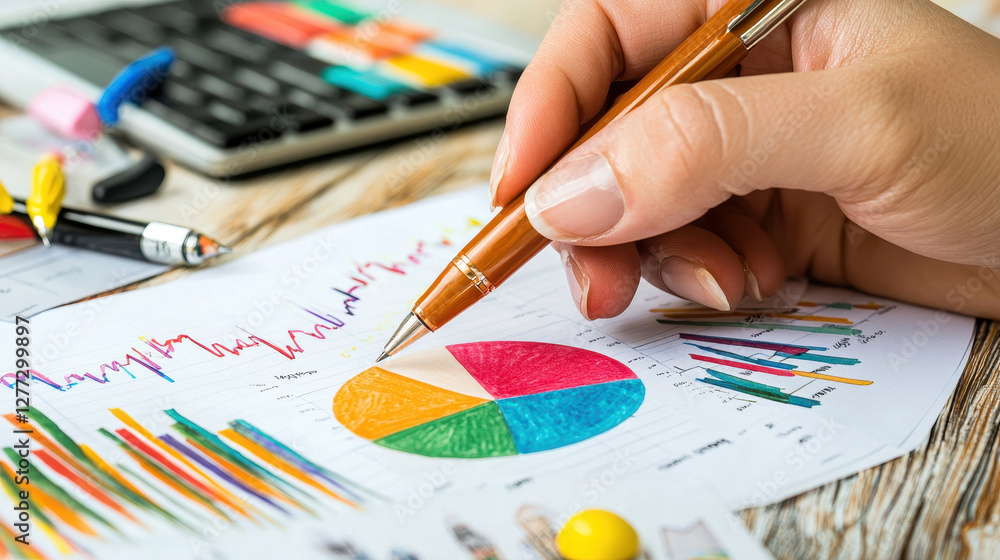 Poster analyzing data with charts and graphs during business meeting