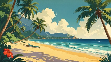 Tropical Beach Paradise with Palm Trees and Blue Sky