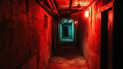 Dimly Lit Abandoned Corridor with Vibrant Red and Blue Lights