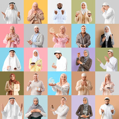 Collage of many Muslim people on color background. Ramadan celebration