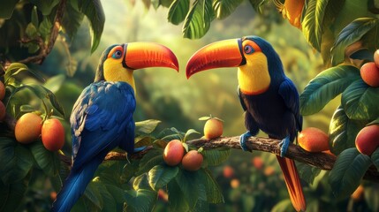Obraz premium Toucans in Tropical Fruits Tree, Close-Up View, Peaceful Scene, Nature Photo