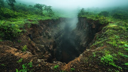 Deep Ravine Surrounded by Misty Green Landscape in Nature