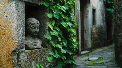 Stone Bust Surrounded by Greenery in an Old European Alleyway
