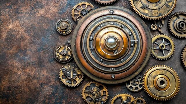 Intricate arrangement of bronze gears and cogs illustrating the beauty of steampunk design in a vintage aesthetic