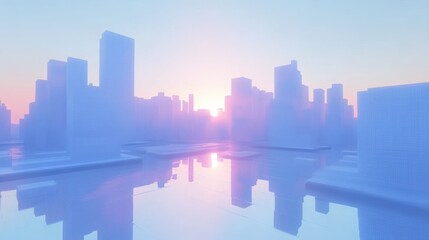 Obraz premium Sunrise city skyline reflection, calm water, pastel colors, urban development, website banner