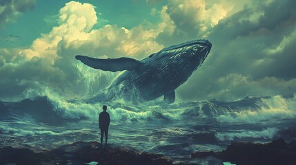 Man watches giant whale emerge from stormy sea.