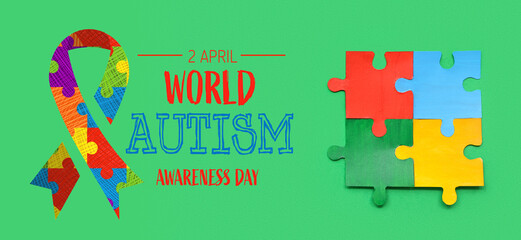 Color puzzle on green background. Concept of autistic disorder