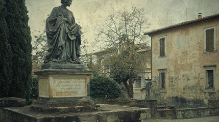 Obraz premium Elegant statue in tranquil garden setting with historic architecture